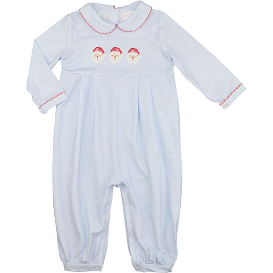 Blue Gingham Knit Applique Santa Long Romper