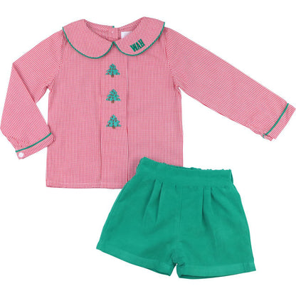 Embroidered Christmas Tree Short Set