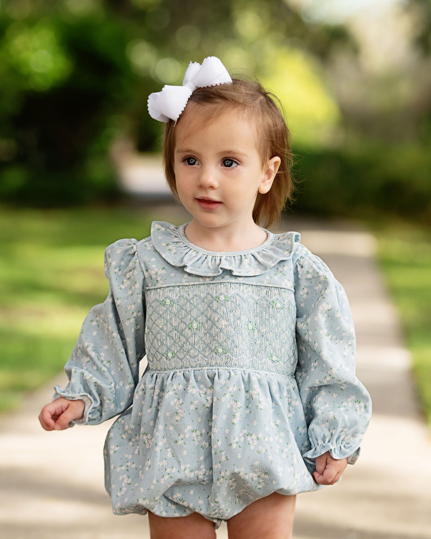 Blue Floral Corduroy Smocked Bubble