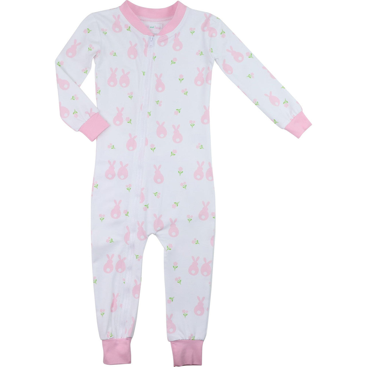 Pink Bunny Print Knit Zipper Pajamas