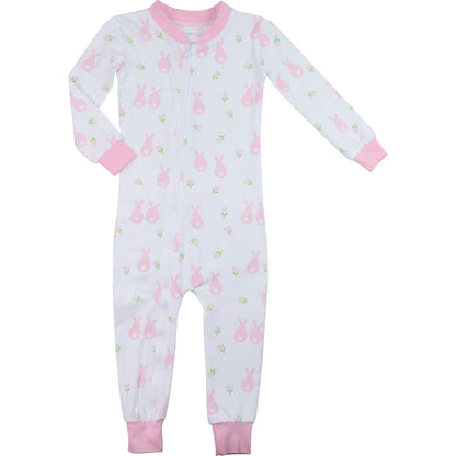 Pink Bunny Print Knit Zipper Pajamas