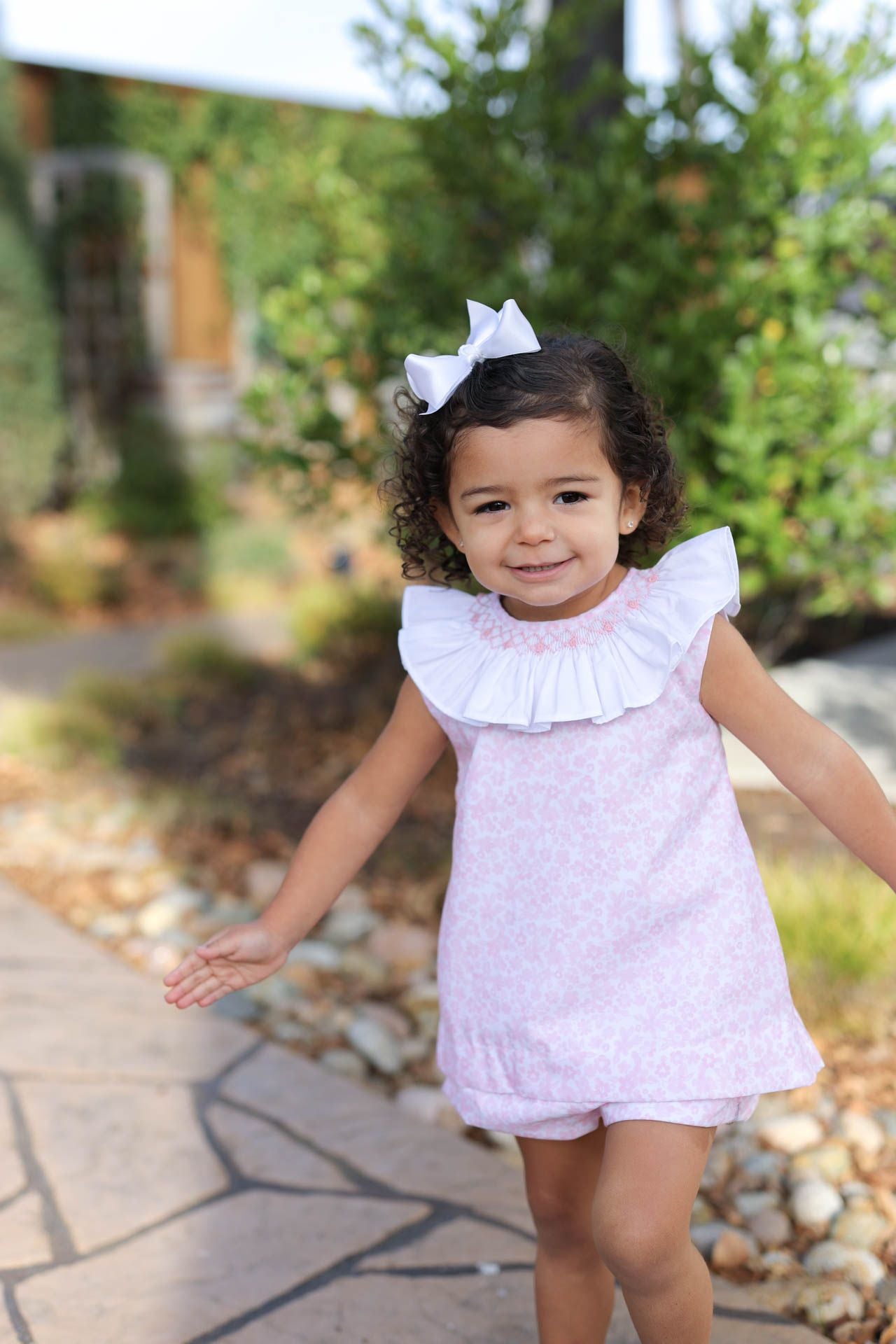 Pink Floral Smocked Ruffle Collar Bloomer Set