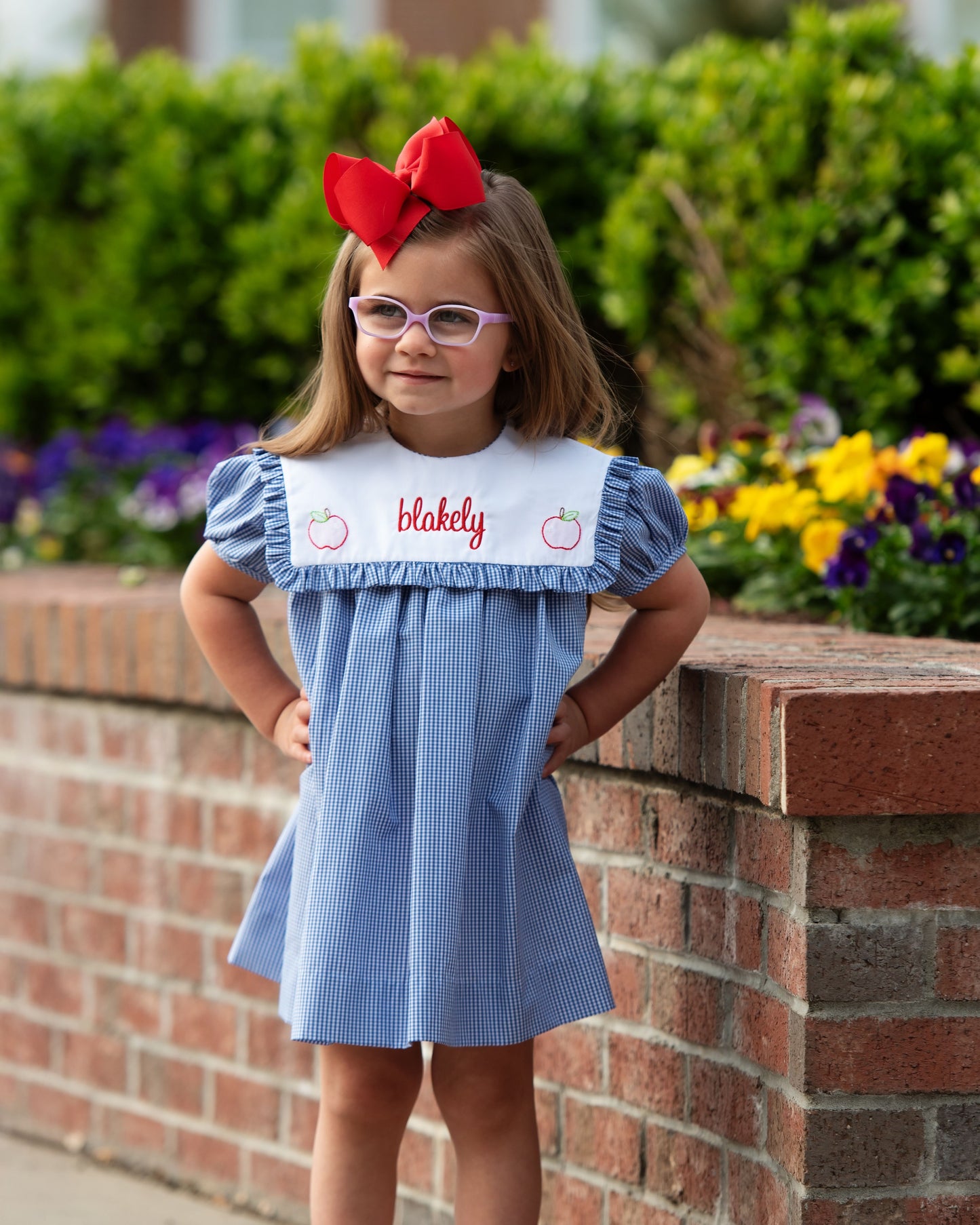 Navy Gingham Shadow Embroidered Apple Dress