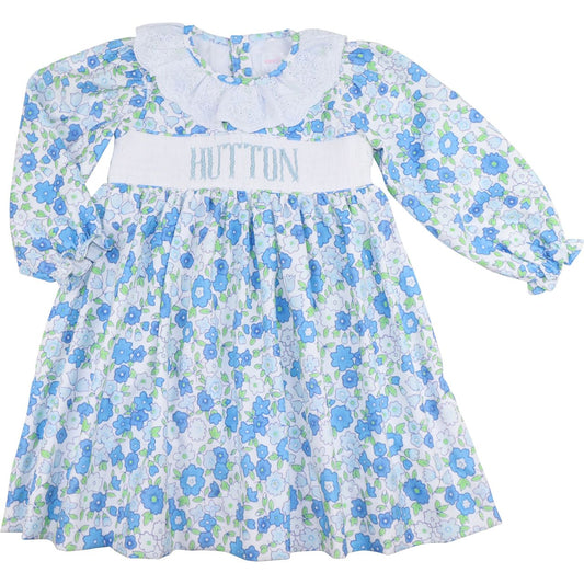 Blue Floral Corduroy Custom Smocked Dress