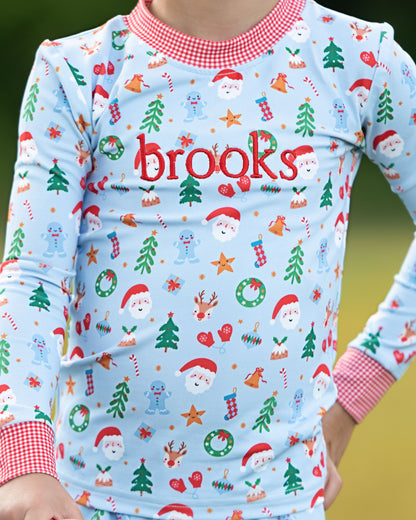 Blue Knit Yuletide Print Pajamas