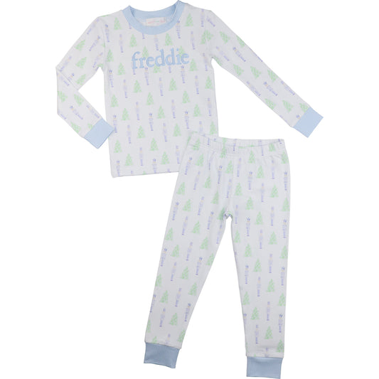 Blue And Green Knit Nutcracker And Christmas Tree Pajamas