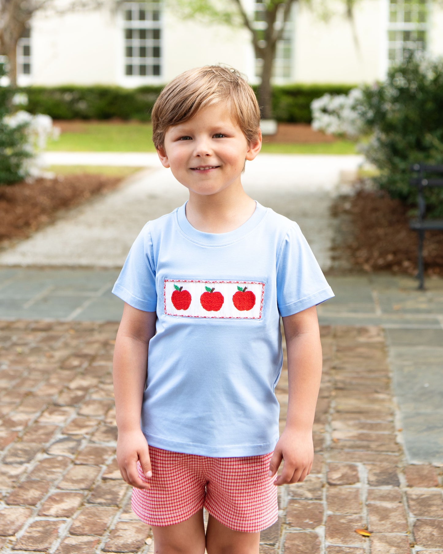 Red Seersucker Smocked Apple Short Set