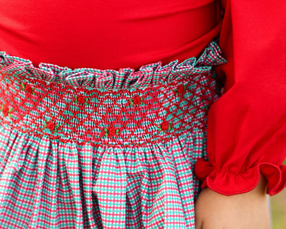 Red And Green Windowpane Smocked Rosebud Skirt Set