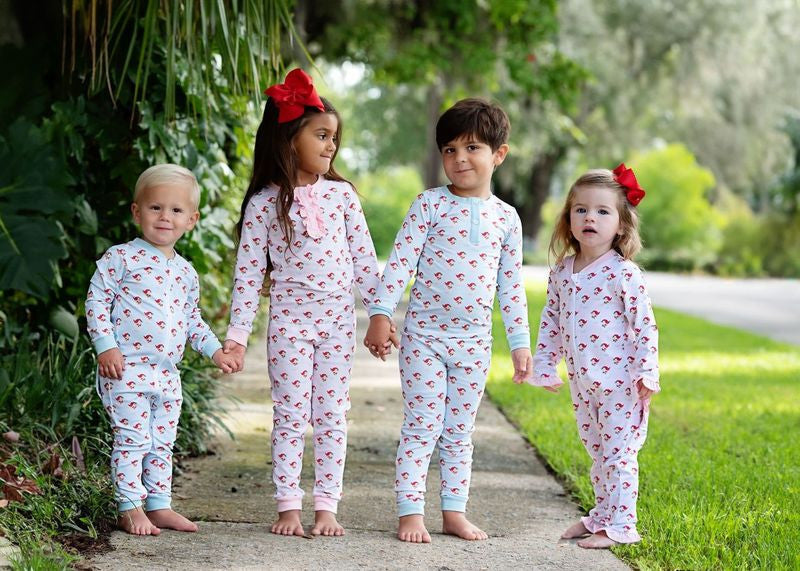 Blue And Red Gingham Knit Santa Zipper Pajamas
