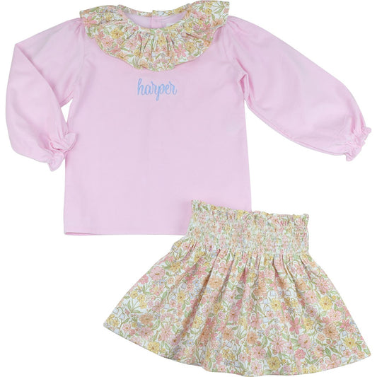 Pink Fall Floral Corduroy Skirt Set
