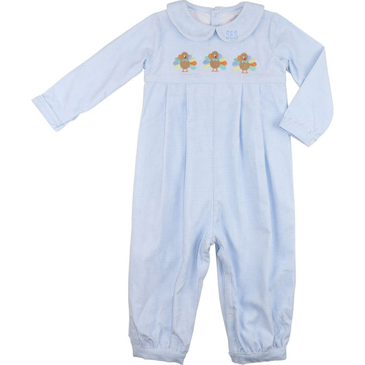 Blue Gingham Corduroy Embroidered Turkeys Long Romper