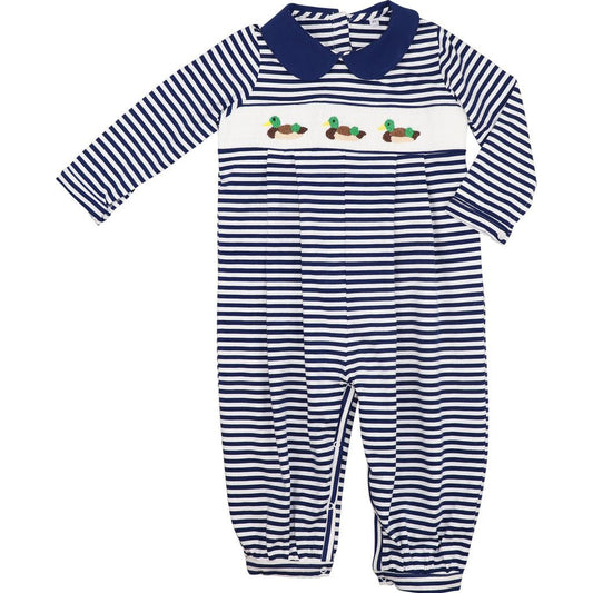 Navy Stripe Knit Smocked Mallards Long Romper
