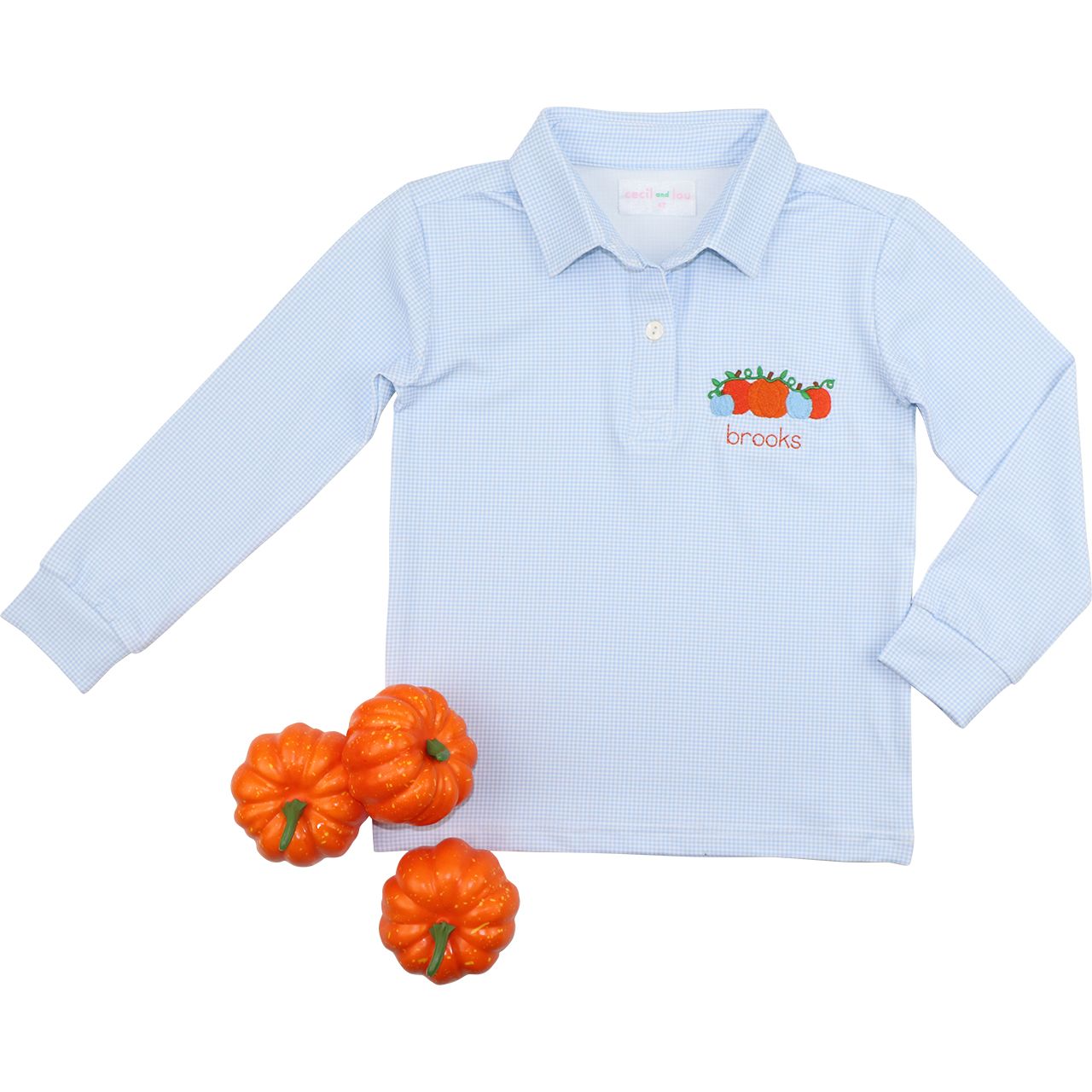 Blue Knit Gingham Embroidered Pumpkin Polo Shirt
