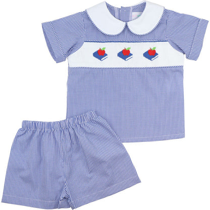 Navy Gingham Smocked Back To School Short Set