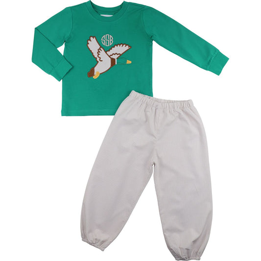 Green And Khaki Gingham Applique Mallard Pant Set