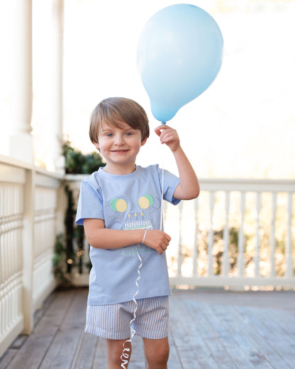 Blue Seersucker Birthday Short Set