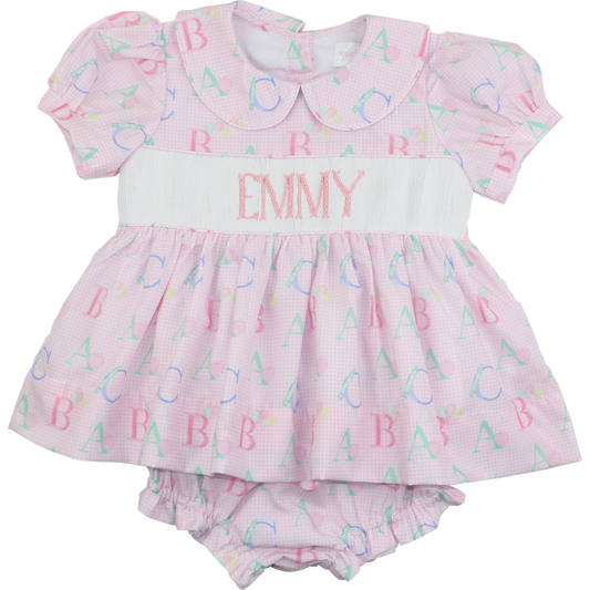 Pink Custom Smocked Alphabet Diaper Set