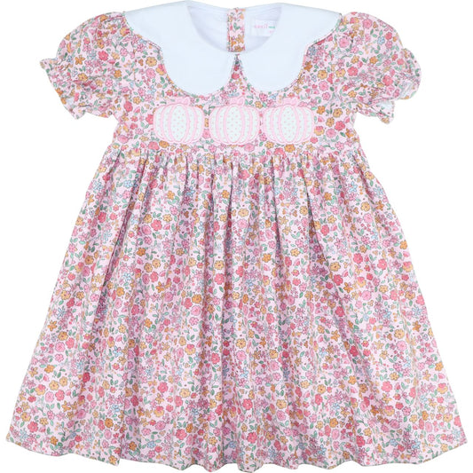 Fall Floral Applique Pumpkin Corduroy Dress