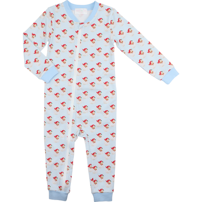 Blue And Red Gingham Knit Santa Zipper Pajamas