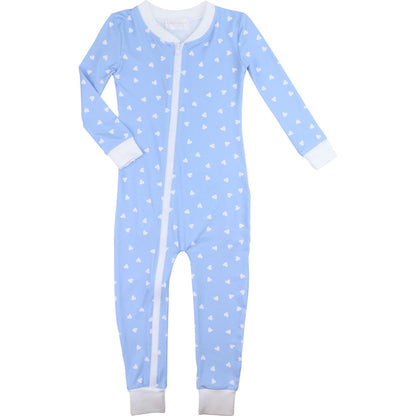Blue And White Heart Print Knit Zipper Pajamas