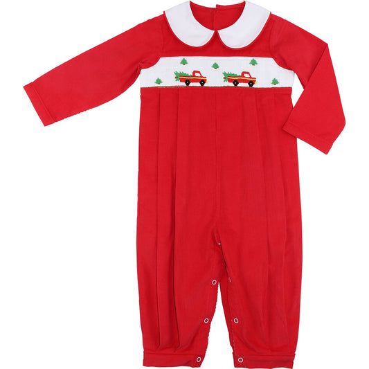 Red Corduroy Smocked Christmas Tree Truck Long Romper