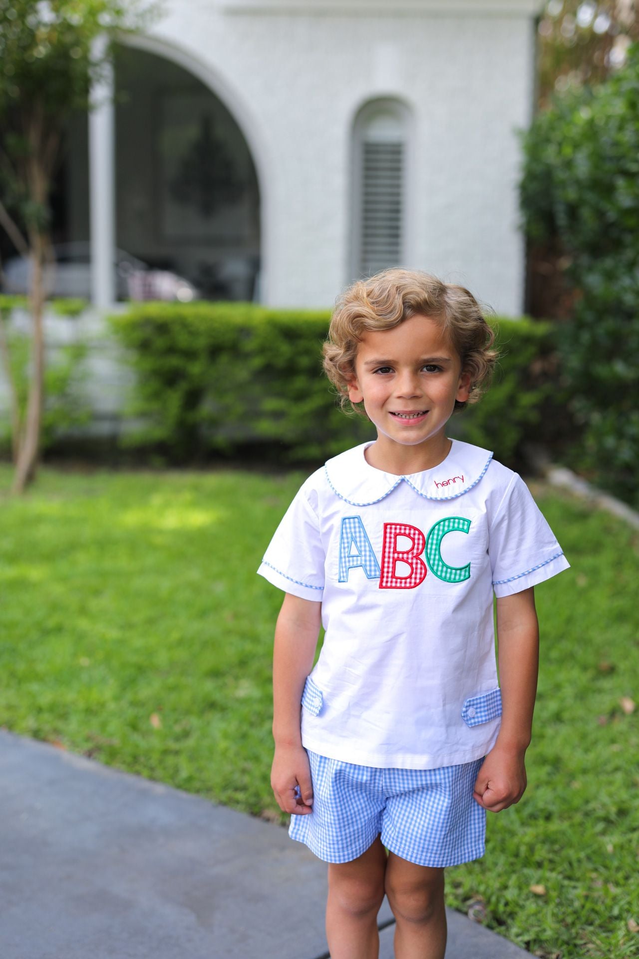 Blue Gingham Applique ABC Short Set