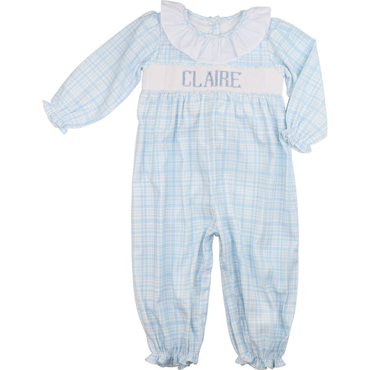 Blue Plaid Corduroy Custom Smocked Long Bubble
