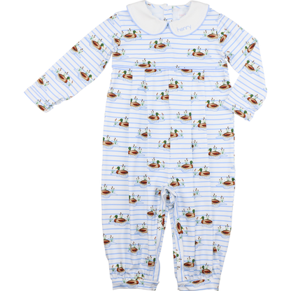Blue Knit Striped Mallard Long Romper