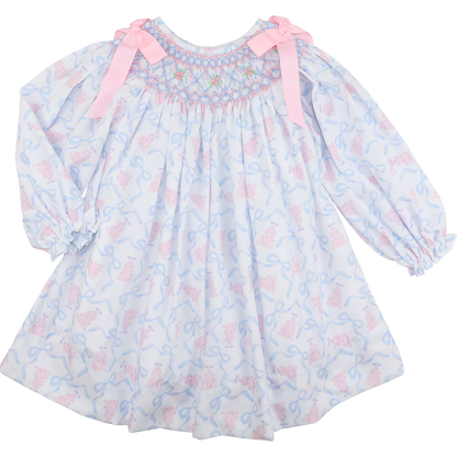 Pink And Blue Smocked Christmas Tree And Bow Dress