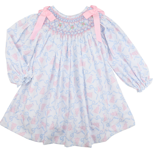 Pink And Blue Smocked Christmas Tree And Bow Dress
