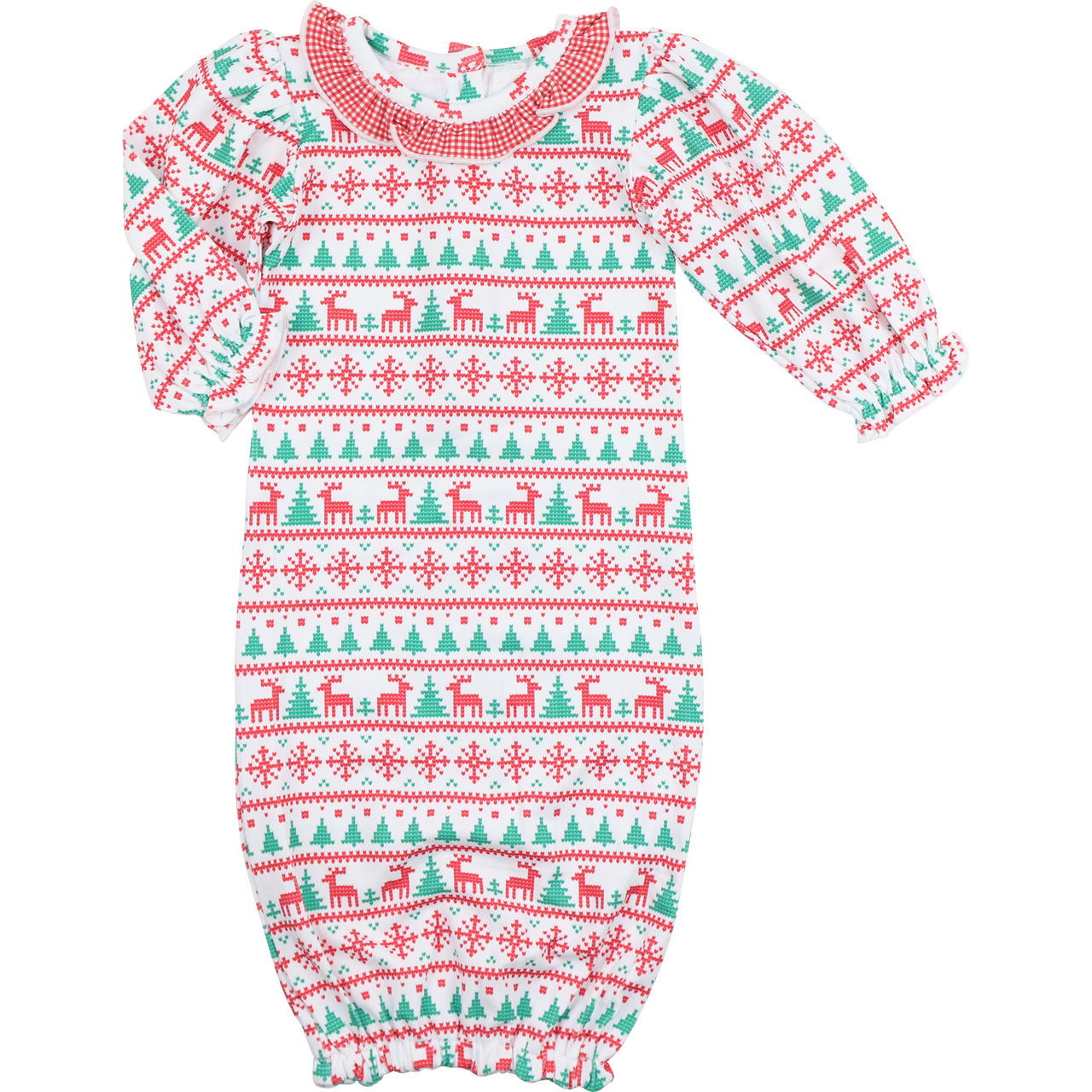 Red And Green Knit Holiday Print Ruffle Baby Gown