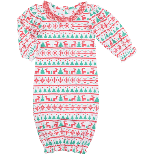 Red And Green Knit Holiday Print Ruffle Baby Gown
