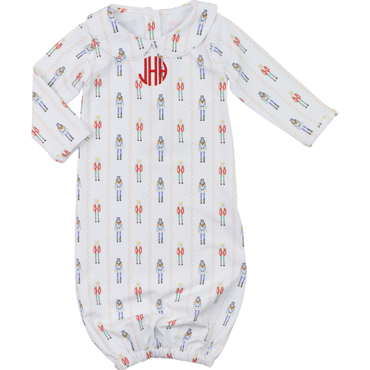 White Knit Nutcracker Print Baby Gown