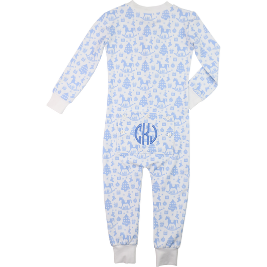 Blue Knit Rocking Horse Holiday Zipper Pajamas