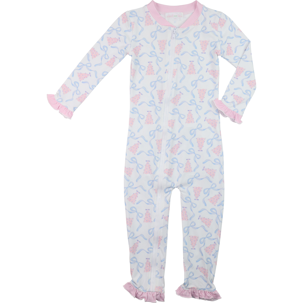Pink And Blue Knit Christmas Tree And Ribbon Zipper Pajamas