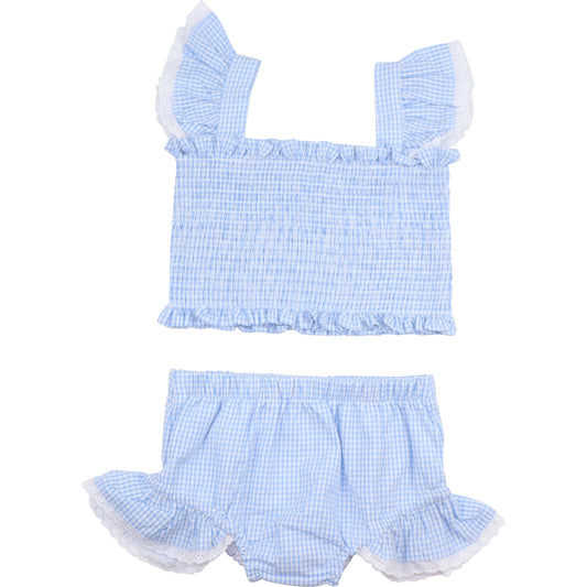 Blue Gingham Seersucker Smocked Eyelet Bikini