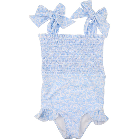 Blue Floral Smocked Lycra Swimsuit
