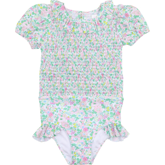 Floral Smocked Bow Lycra Swimsuit