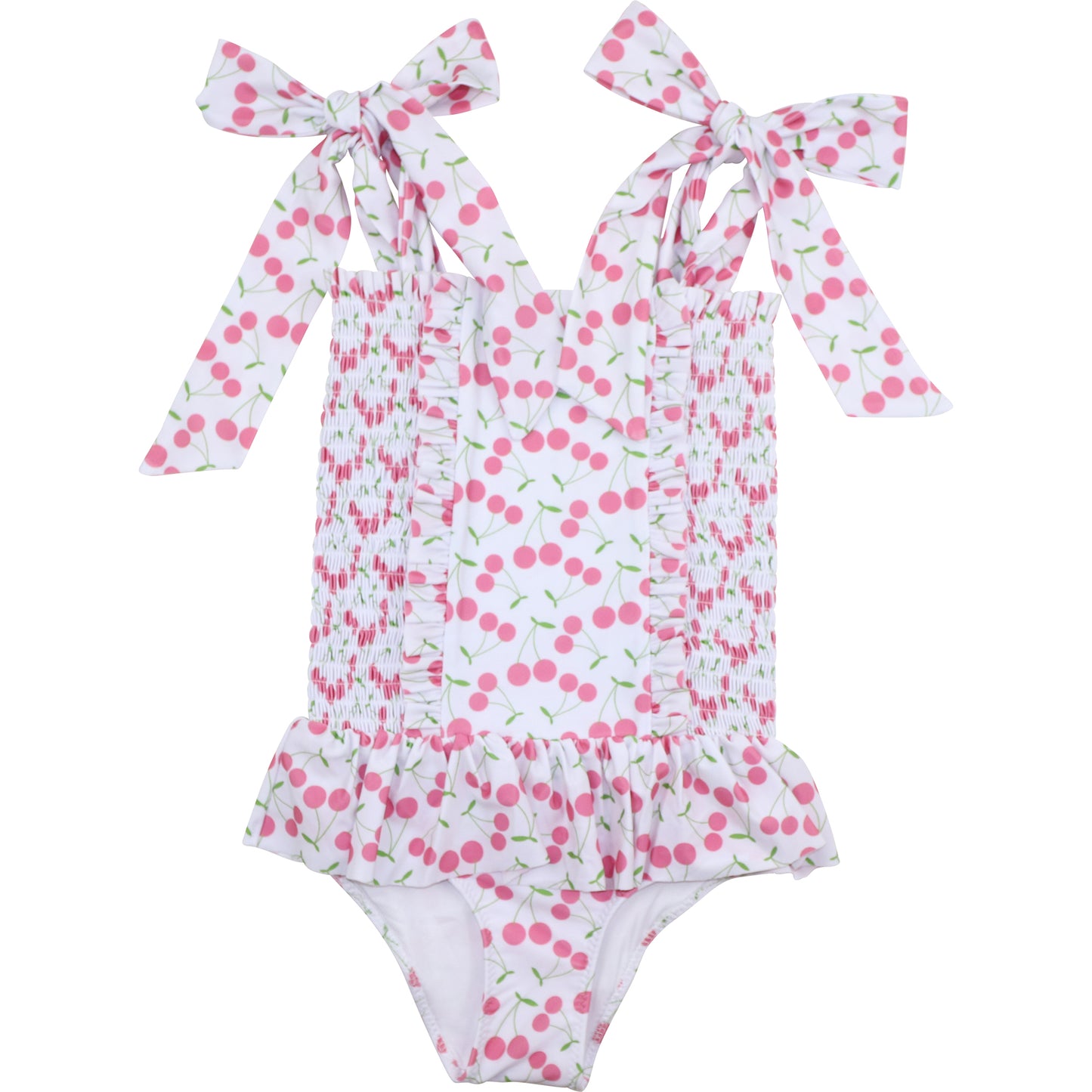 Pink And Green Smocked Cherry Print Lycra Swimsuit