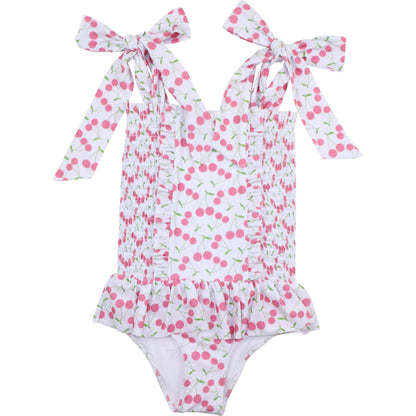 Pink And Green Smocked Cherry Print Lycra Swimsuit