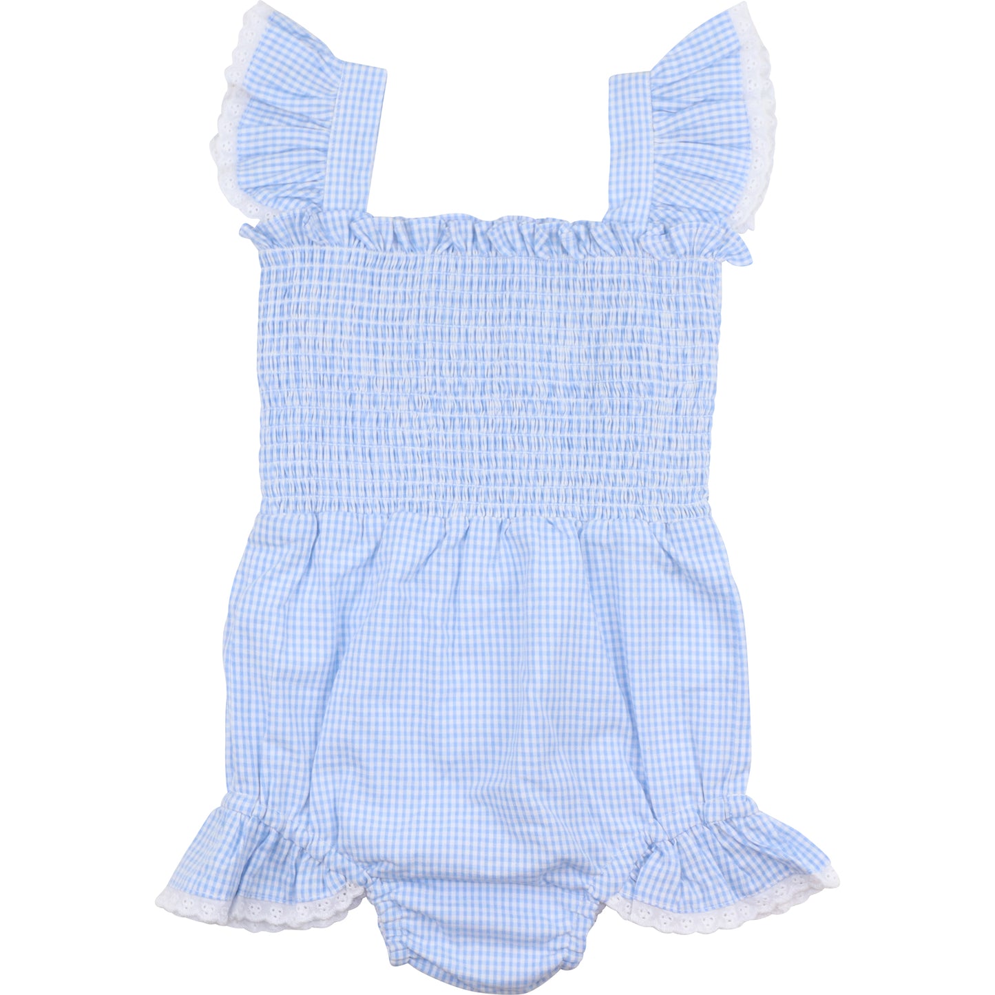 Blue Gingham Seersucker Smocked Eyelet Swimsuit