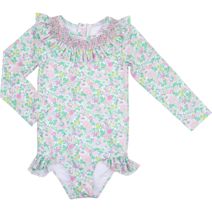 Floral Smocked Lycra Rashguard Swimsuit