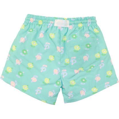 Green And Yellow Flower Print Swim Trunks