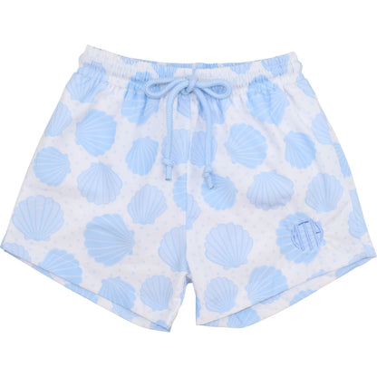 Blue And White Seashell Swim Trunks