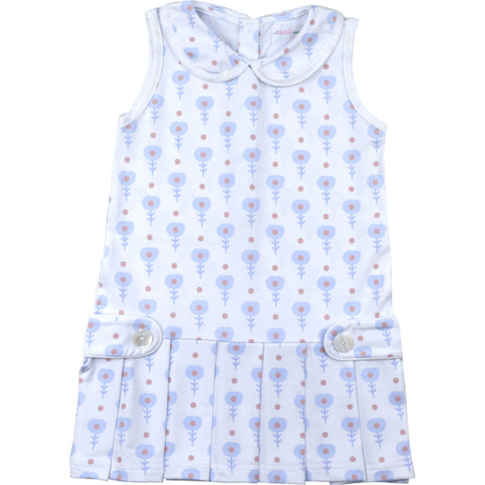 White tennis dress with blue floral pattern on a white background