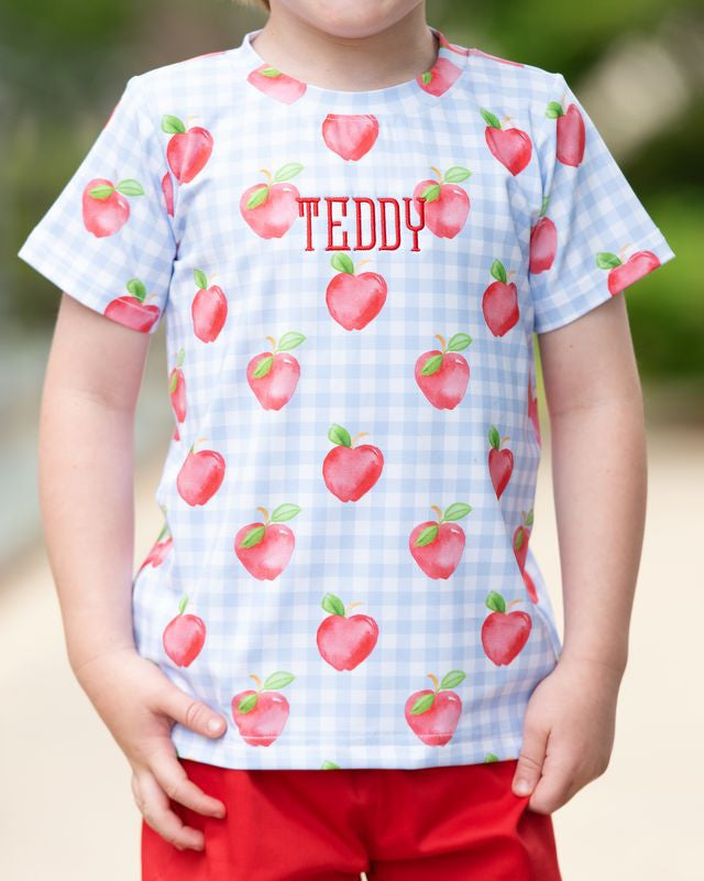 Blue Check Apple Print Short Set