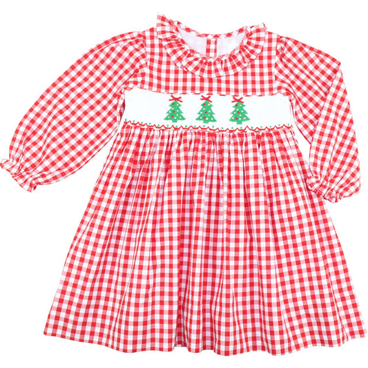 Red Check Smocked Christmas Tree Dress