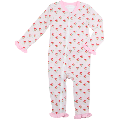 Pink And Red Gingham Knit Santa Face Zipper Pajamas