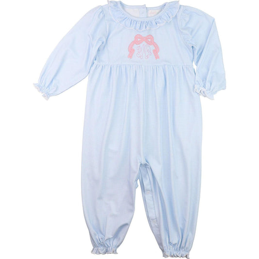Blue Gingham Knit Applique Bow Long Bubble
