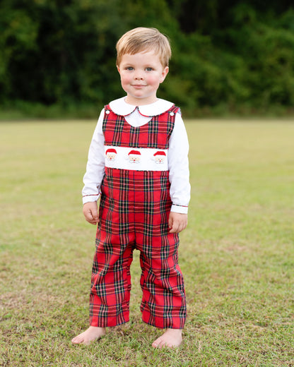 Red Plaid Flannel Smocked Santa Long Romper Set